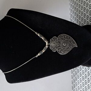 Elegant Oxidized Silvertone Filigree Heart Pendant Necklace